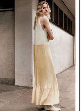 COS Two-Tone Pleated Halter Maxi Dress in Cream and Tan Butter Yellow